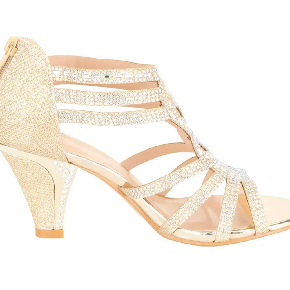 Gold Open Toe Strappy Rhinestone Cutout Dress Shoe